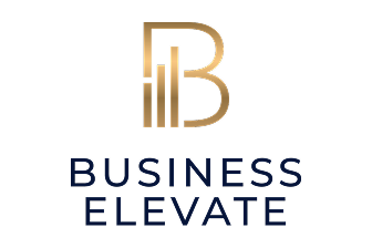 Logo 'Business Elevate' ze zlotym monogramem B i granatowym tekstem.